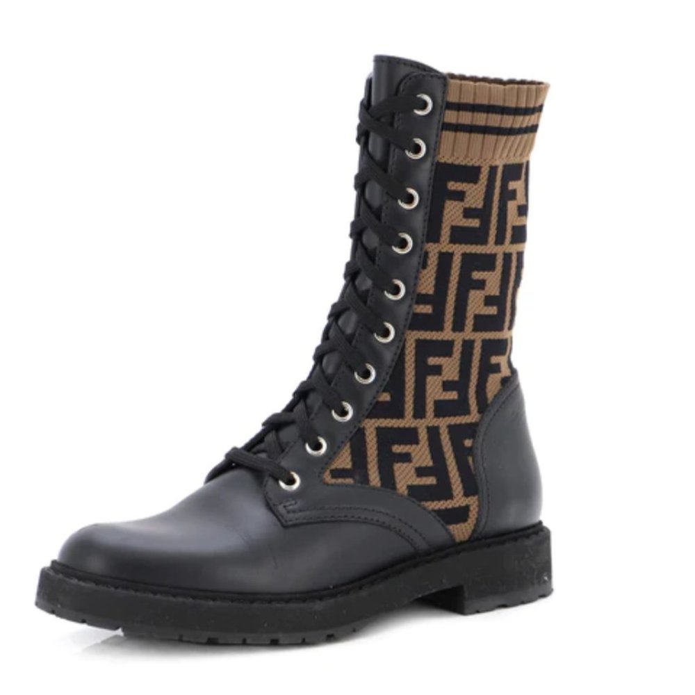 FENDI womens leather and knit combat boots